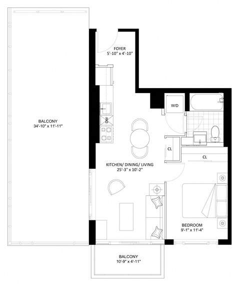 Floor plan for 1 bed, 1 bath, 537 sqft